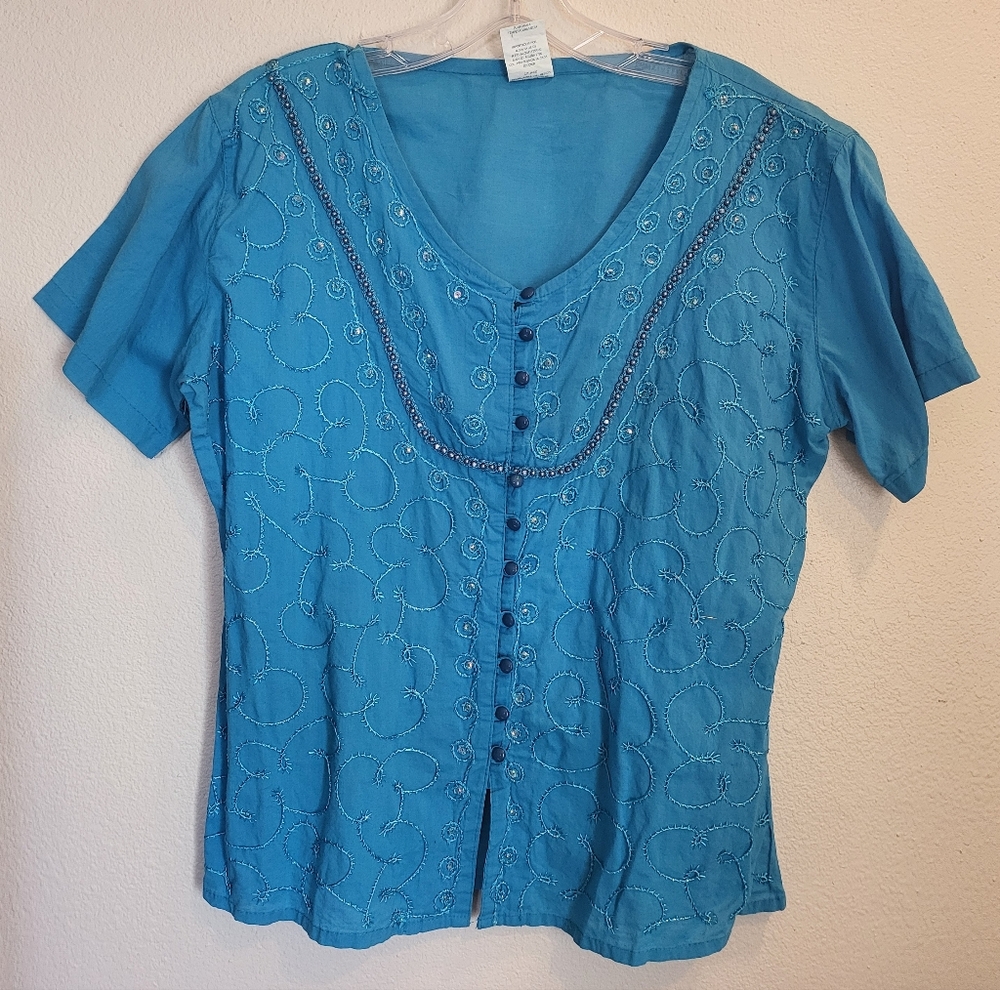 Anjli India Import Vintage Blue Beaded Button Down Shirt Blouse Women's S M